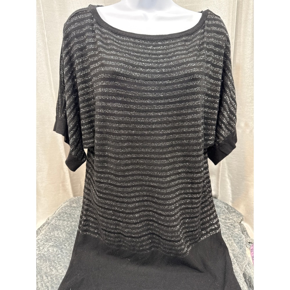 White House Black Market Black Silver Metallic Striped Dolman Knit Top Medium‎